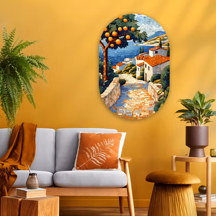 Huizen - Mozaïek - Sinaasappelbomen - Zee Wandcirkel Ovaal Glas middel -sfeer4