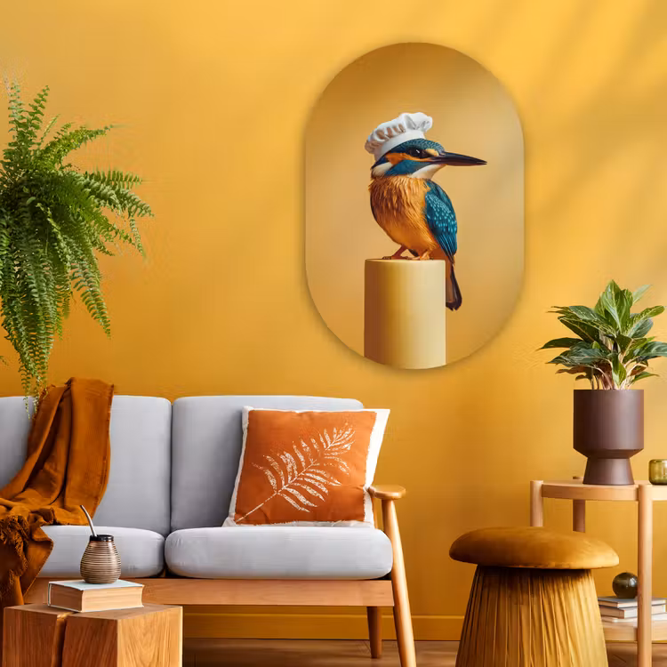 Ijsvogel - Pilaar - Koksmuts - Vogel Wandcirkel Ovaal Glas middel -sfeer4