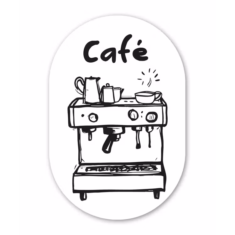 Illustratie - Café - Koffiemachine - Kopjes Wandcirkel Ovaal Glas middel -3d