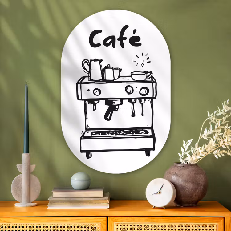 Illustratie - Café - Koffiemachine - Kopjes Wandcirkel Ovaal Glas middel -sfeer2