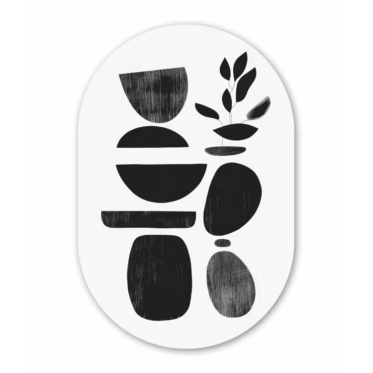 Japandi - Zwart - Abstract Wandcirkel Ovaal Glas middel -3d