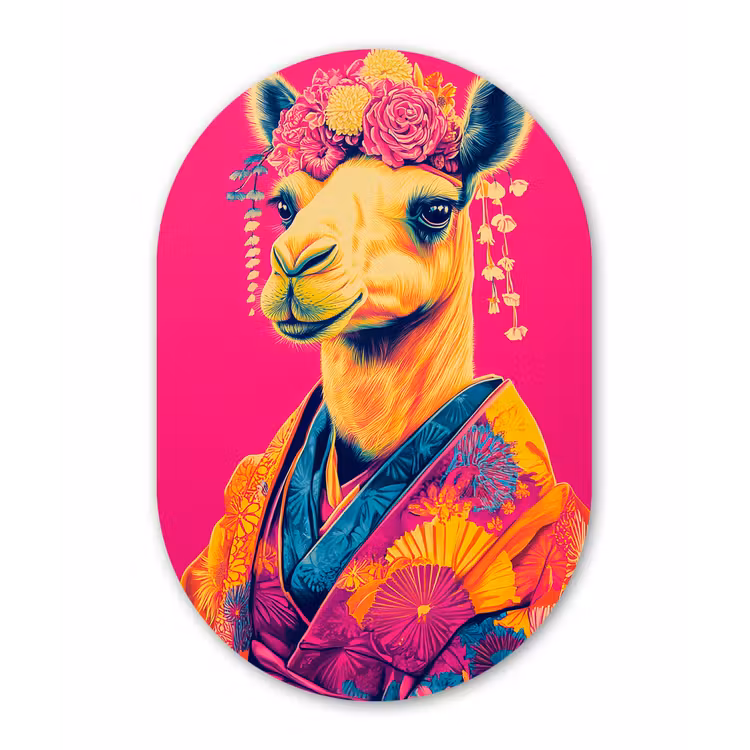 Kameel - Bloemen - Kimono - Waaiers Wandcirkel Ovaal Glas middel -3d