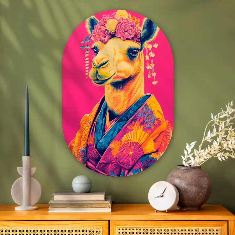 Kameel - Bloemen - Kimono - Waaiers Wandcirkel Ovaal Glas middel -sfeer2