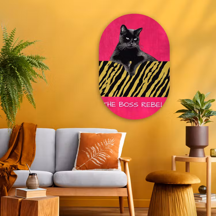 Kat - Baas - Roze - Tijgerprint Wandcirkel Ovaal Glas middel -sfeer4