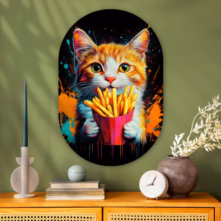 Kat - Eten - Patat - Graffiti - Abstract Wandcirkel Ovaal Glas middel -sfeer2