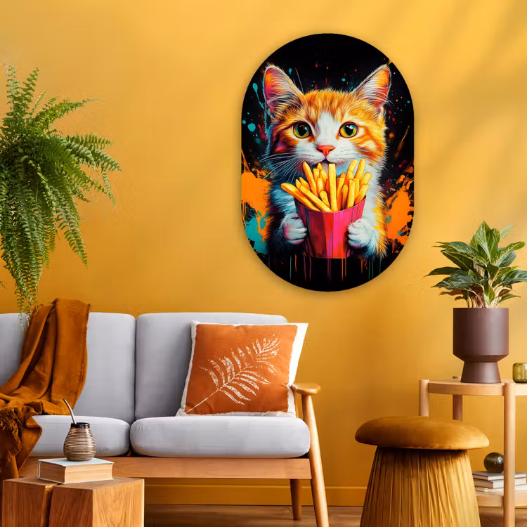 Kat - Eten - Patat - Graffiti - Abstract Wandcirkel Ovaal Glas middel -sfeer4