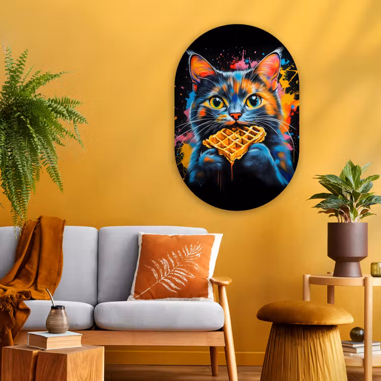 Kat - Graffiti - Kleurrijk - Wafel - Eten Wandcirkel Ovaal Glas middel -sfeer4