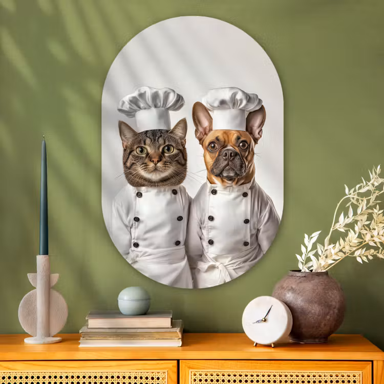 Kat - Hond - Kokskleding Wandcirkel Ovaal Glas middel -sfeer2