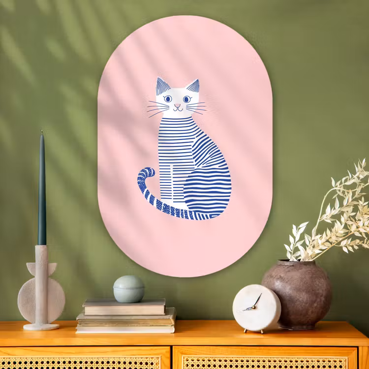 Kat - Illustratie - Minimalistisch - Roze Wandcirkel Ovaal Glas middel -sfeer2