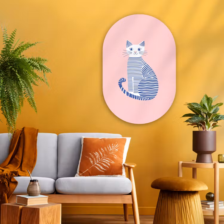Kat - Illustratie - Minimalistisch - Roze Wandcirkel Ovaal Glas middel -sfeer4