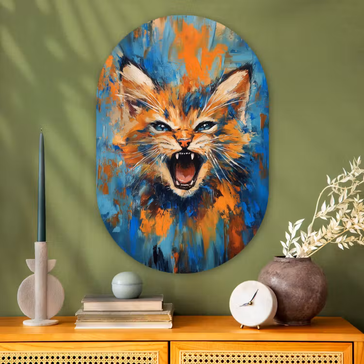 Kat - Kleurrijk - Oranje - Blauw Wandcirkel Ovaal Glas middel -sfeer2