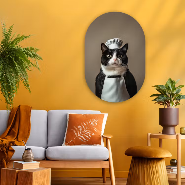 Kat - Kokskleding - Zwart - Wit Wandcirkel Ovaal Glas middel -sfeer4