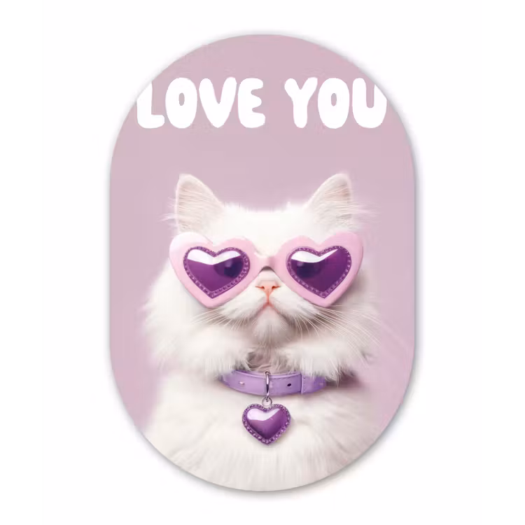 Kat - Love - Paars - Valentijn Wandcirkel Ovaal Glas middel -3d