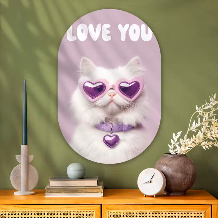 Kat - Love - Paars - Valentijn Wandcirkel Ovaal Glas middel -sfeer2