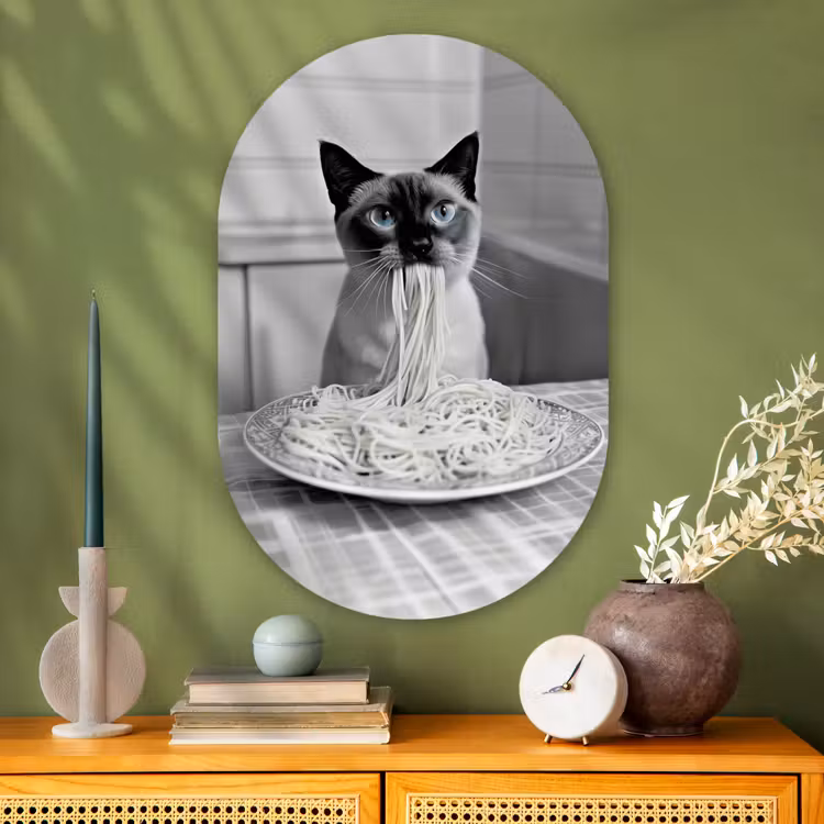 Kat - Siamees - Zwart Wit - Schattig - Dieren Wandcirkel Ovaal Glas middel -sfeer2