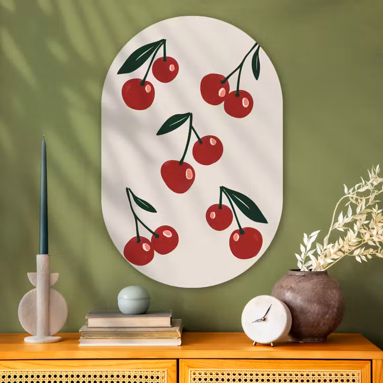 Kersen - Blaadjes - Rood Wandcirkel Ovaal Glas middel -sfeer2