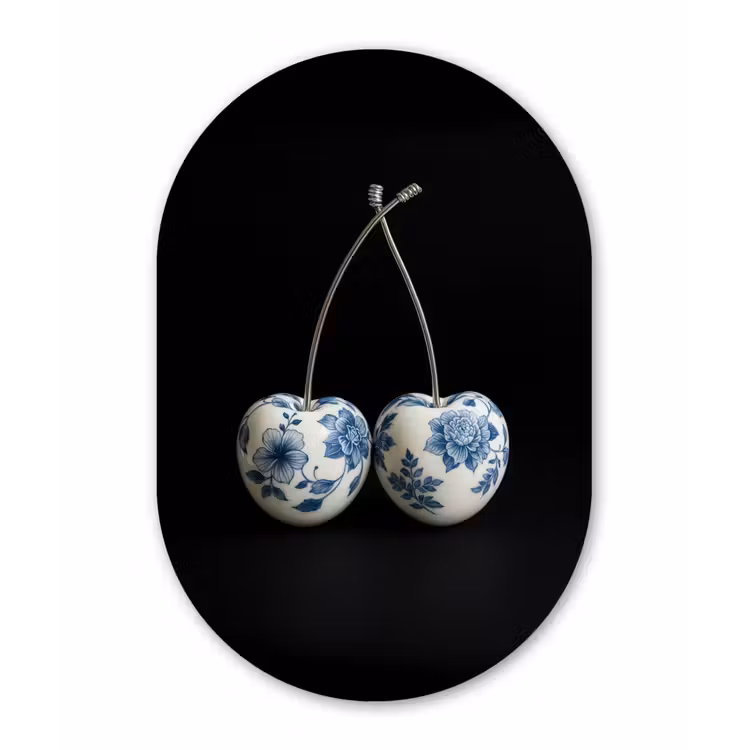 Kersen - Delfts blauw - Fruit Wandcirkel Ovaal Glas middel -3d