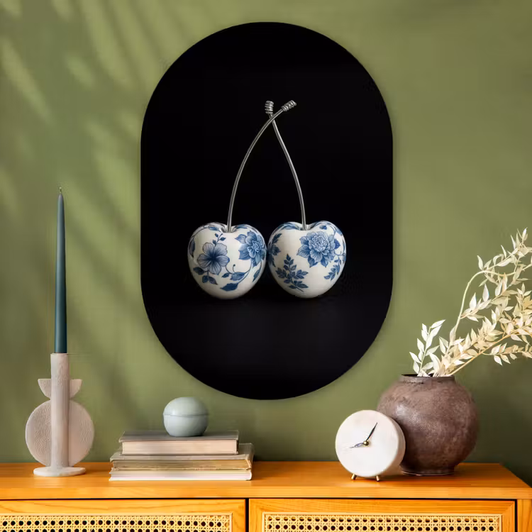 Kersen - Delfts blauw - Fruit Wandcirkel Ovaal Glas middel -sfeer2