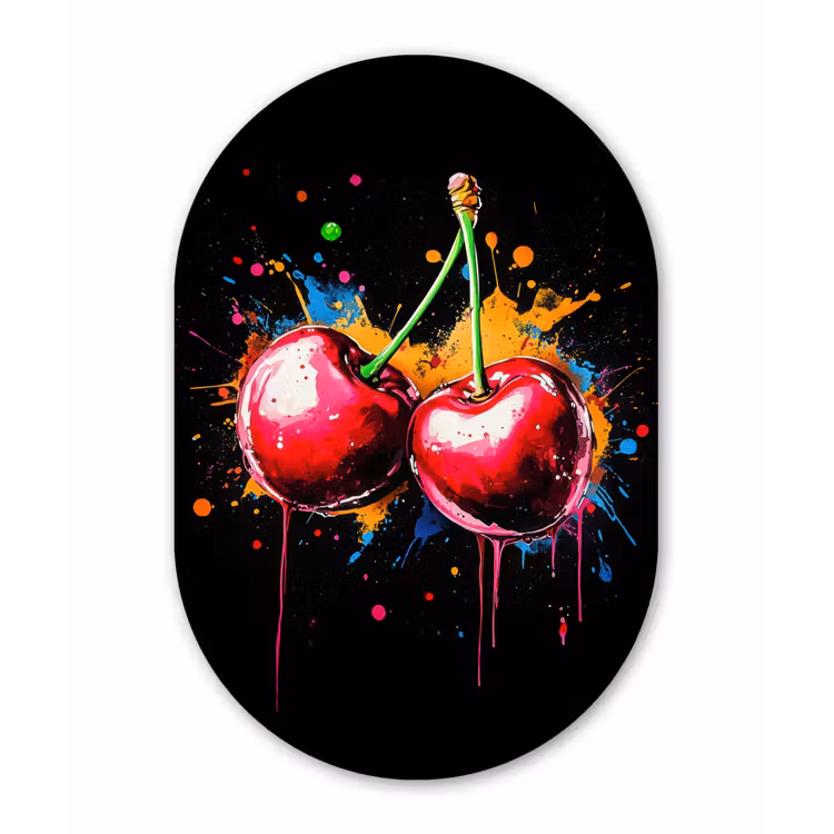 Kersen - Fruit - Graffiti - Verf - Abstract - Modern - Kleurrijk Wandcirkel Ovaal Glas middel -3d