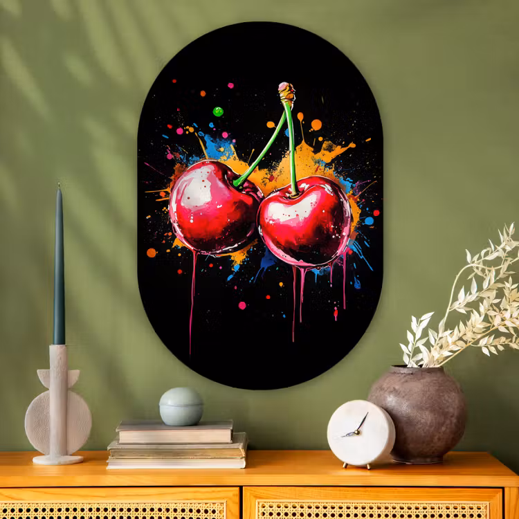 Kersen - Fruit - Graffiti - Verf - Abstract - Modern - Kleurrijk Wandcirkel Ovaal Glas middel -sfeer2