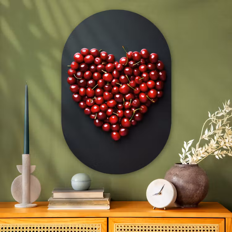 Kersen - Hart - Rood - Zwart Wandcirkel Ovaal Glas middel -sfeer2