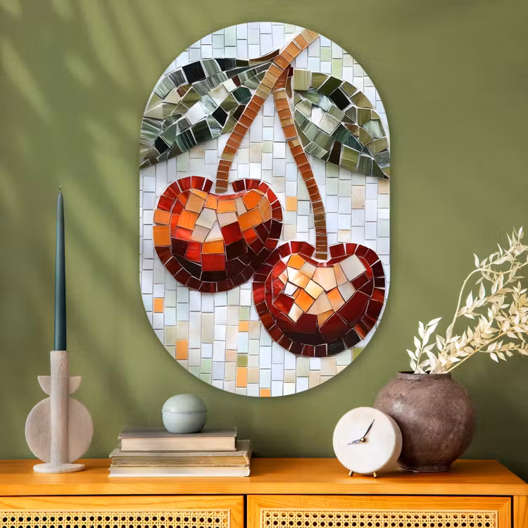 Kersen - Rood - Mozaïek - Blaadjes Wandcirkel Ovaal Glas middel -sfeer2
