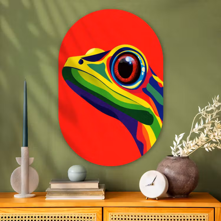 Kikker - Kleurrijk - Strepen - Ogen Wandcirkel Ovaal Glas middel -sfeer2