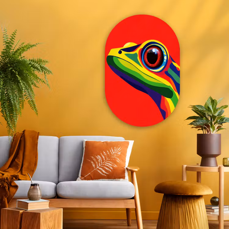 Kikker - Kleurrijk - Strepen - Ogen Wandcirkel Ovaal Glas middel -sfeer4