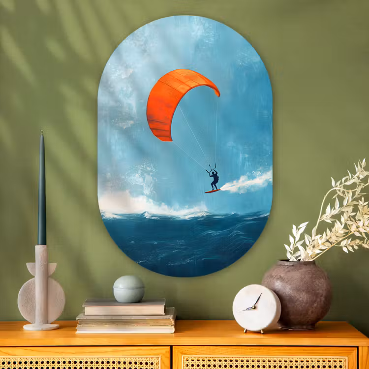 Kitesurfer - Oranje - Zee - Lucht Wandcirkel Ovaal Glas middel -sfeer2