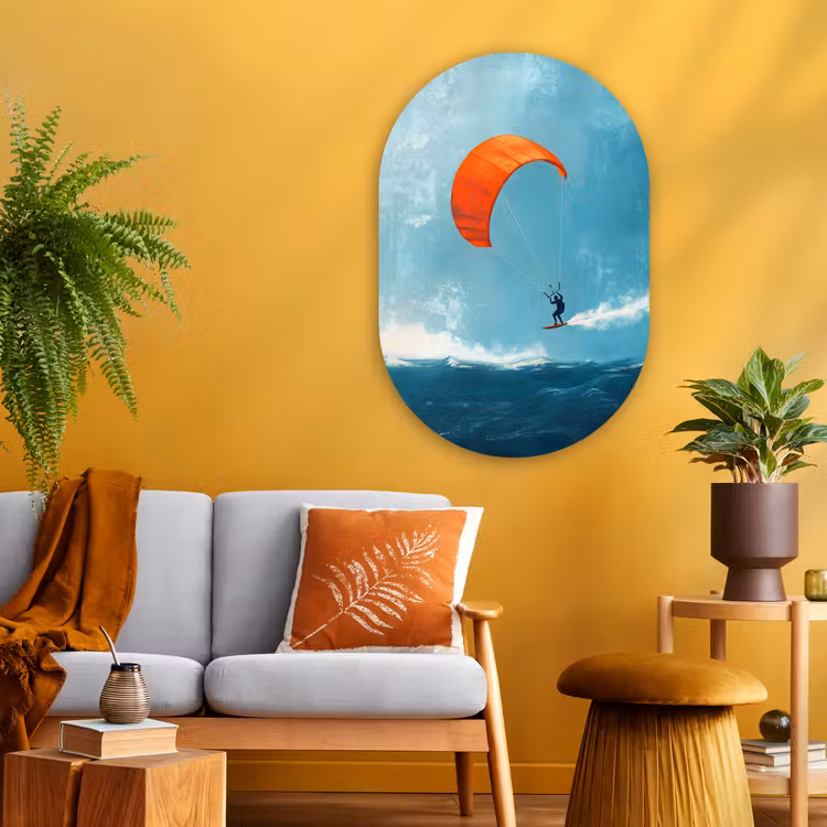 Kitesurfer - Oranje - Zee - Lucht Wandcirkel Ovaal Glas middel -sfeer4