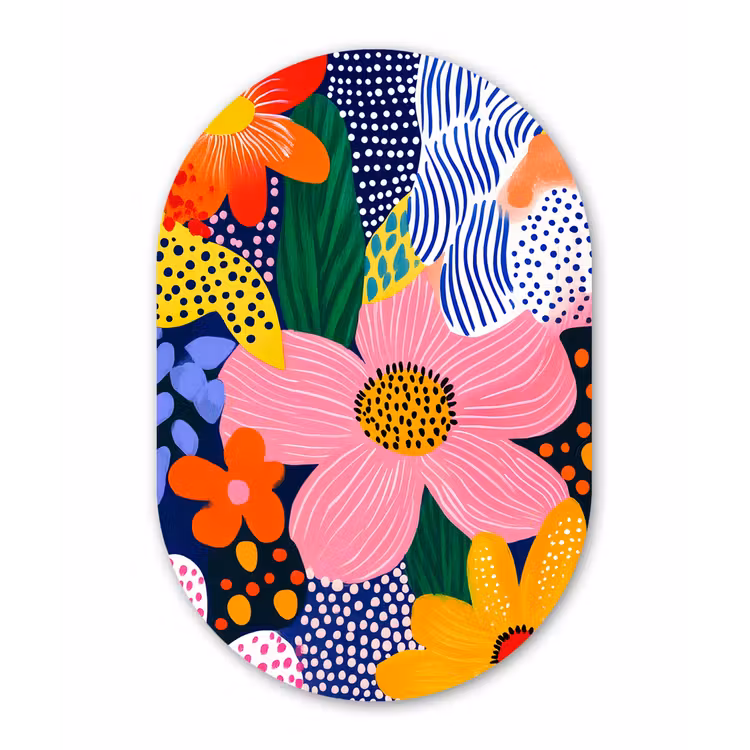 Kleurrijk - Bloemen - Abstract - Stippen Wandcirkel Ovaal Glas middel -3d