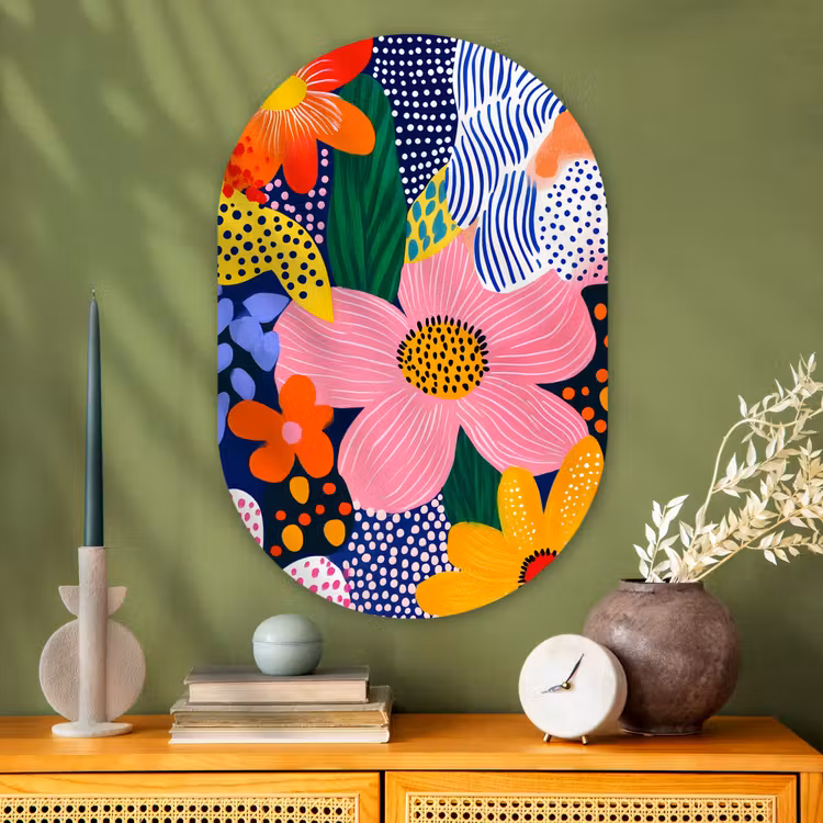 Kleurrijk - Bloemen - Abstract - Stippen Wandcirkel Ovaal Glas middel -sfeer2