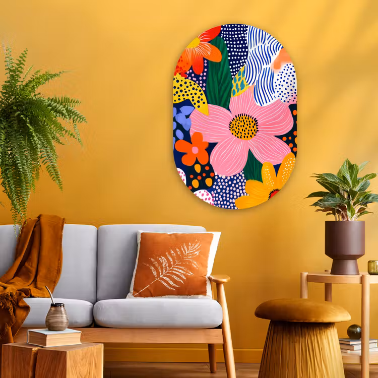 Kleurrijk - Bloemen - Abstract - Stippen Wandcirkel Ovaal Glas middel -sfeer4