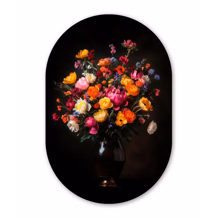 Kleurrijk - Boeket - Vaas - Donkerbruin Wandcirkel Ovaal Glas middel -3d