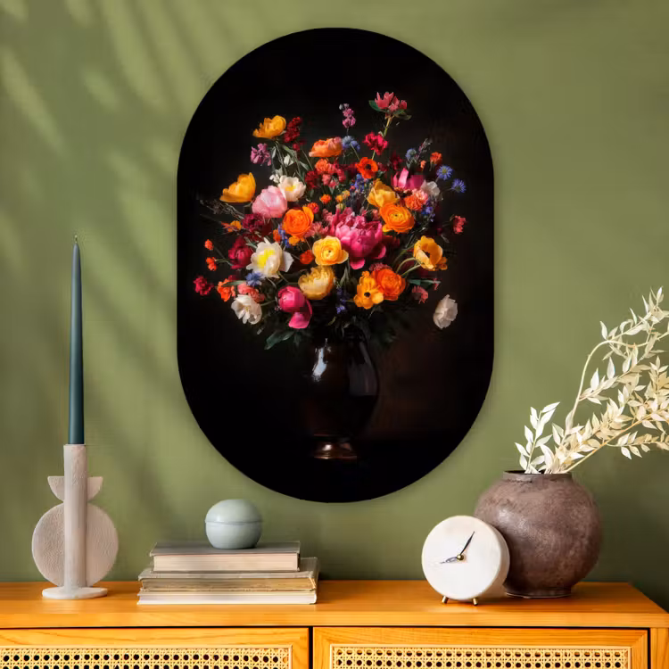 Kleurrijk - Boeket - Vaas - Donkerbruin Wandcirkel Ovaal Glas middel -sfeer2