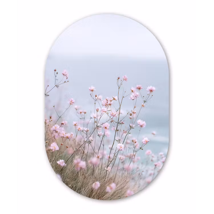 Klif - Bloemen - Zee - Roze Wandcirkel Ovaal Glas middel -3d