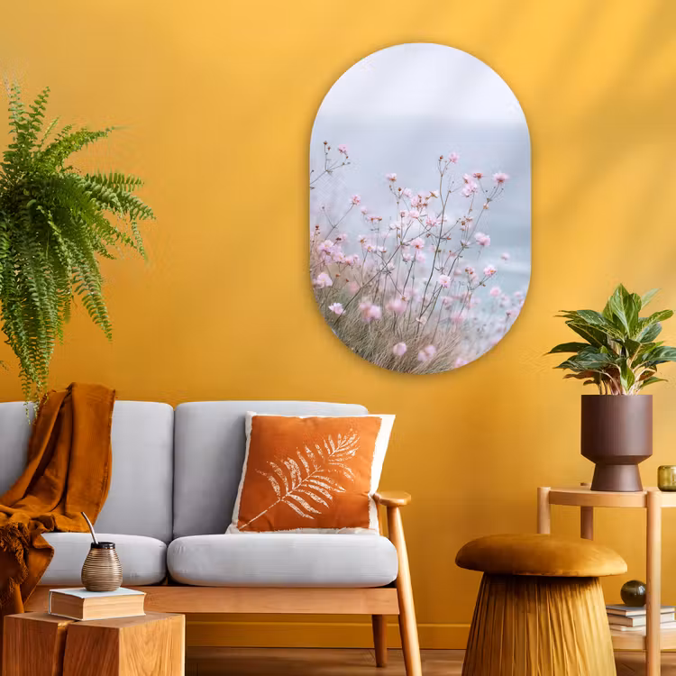 Klif - Bloemen - Zee - Roze Wandcirkel Ovaal Glas middel -sfeer4