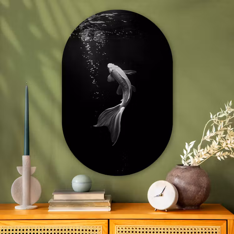 Koi - Vis - Wit - Zwart Wandcirkel Ovaal Glas middel -sfeer2