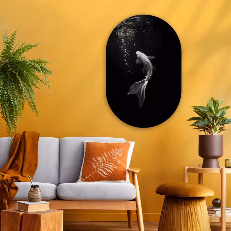 Koi - Vis - Wit - Zwart Wandcirkel Ovaal Glas middel -sfeer4