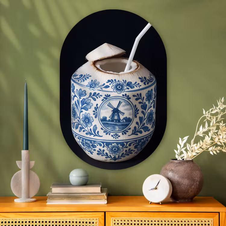 Kokosnoot - Eten - Delfts blauw - Drinken Wandcirkel Ovaal Glas middel -sfeer2