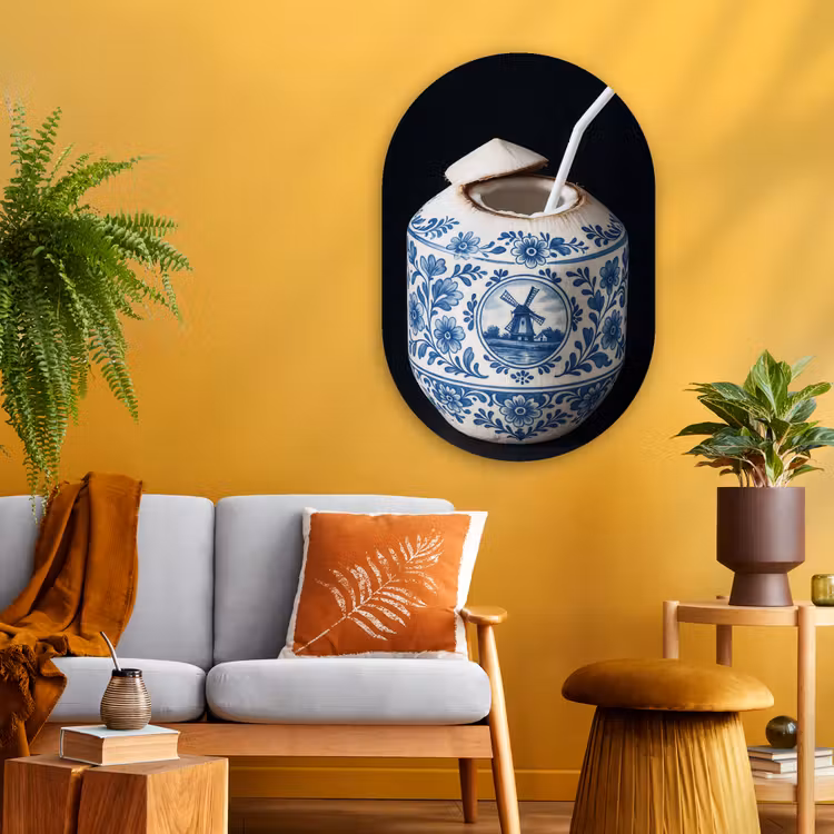 Kokosnoot - Eten - Delfts blauw - Drinken Wandcirkel Ovaal Glas middel -sfeer4