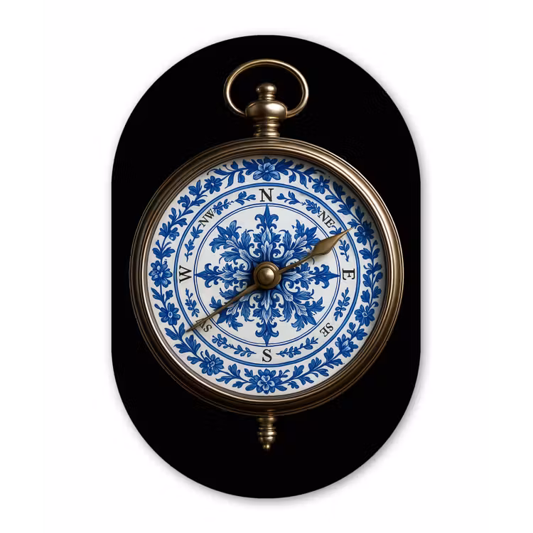 Kompas - Delfts blauw - Zwart Wandcirkel Ovaal Glas middel -3d