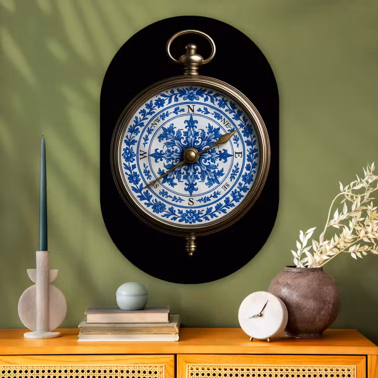 Kompas - Delfts blauw - Zwart Wandcirkel Ovaal Glas middel -sfeer2