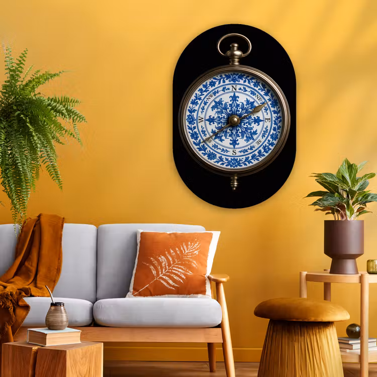 Kompas - Delfts blauw - Zwart Wandcirkel Ovaal Glas middel -sfeer4