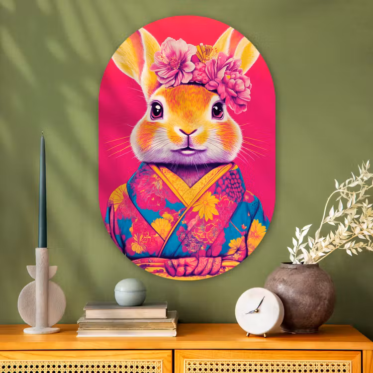 Konijn - Bloemen - Kleurrijk - Kimono Wandcirkel Ovaal Glas middel -sfeer2