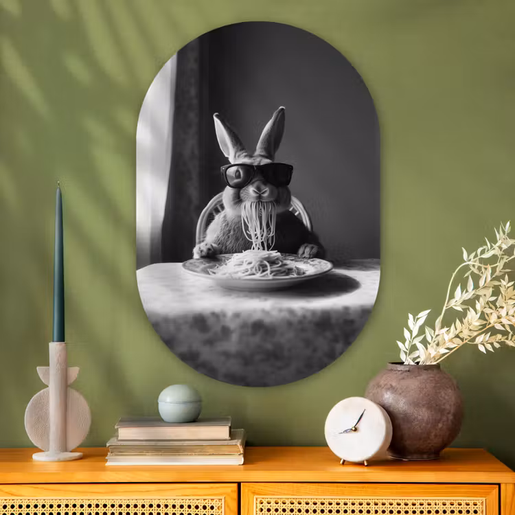Konijn - Bunny - Zonnebril - Tafelkleed - Pasta - Schattig Wandcirkel Ovaal Glas middel -sfeer2