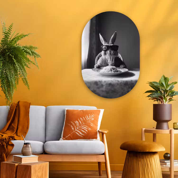 Konijn - Bunny - Zonnebril - Tafelkleed - Pasta - Schattig Wandcirkel Ovaal Glas middel -sfeer4