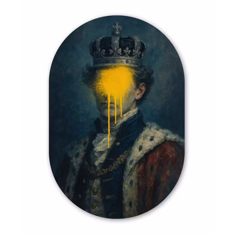 Koning - Portret - Druipende gele verf Wandcirkel Ovaal Glas middel -3d