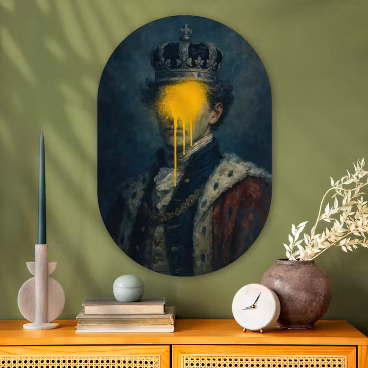 Koning - Portret - Druipende gele verf Wandcirkel Ovaal Glas middel -sfeer2