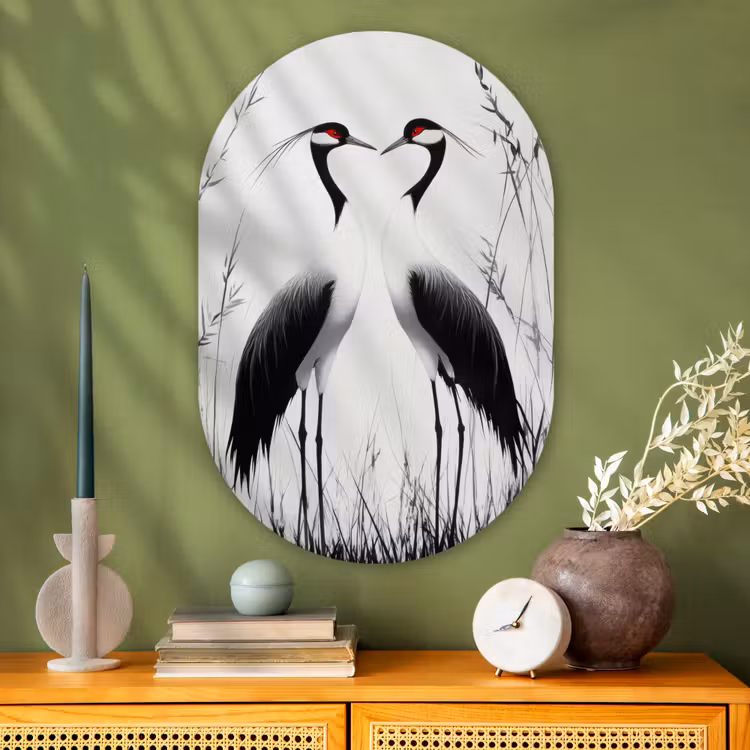 Kraanvogels - Gras - Hartvorm - Zwart Wandcirkel Ovaal Glas middel -sfeer2